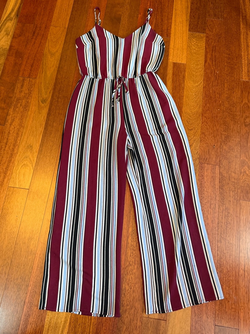 Ambiance Burgundy, Black, White & Blue Striped Wide-Leg Jumpsuit